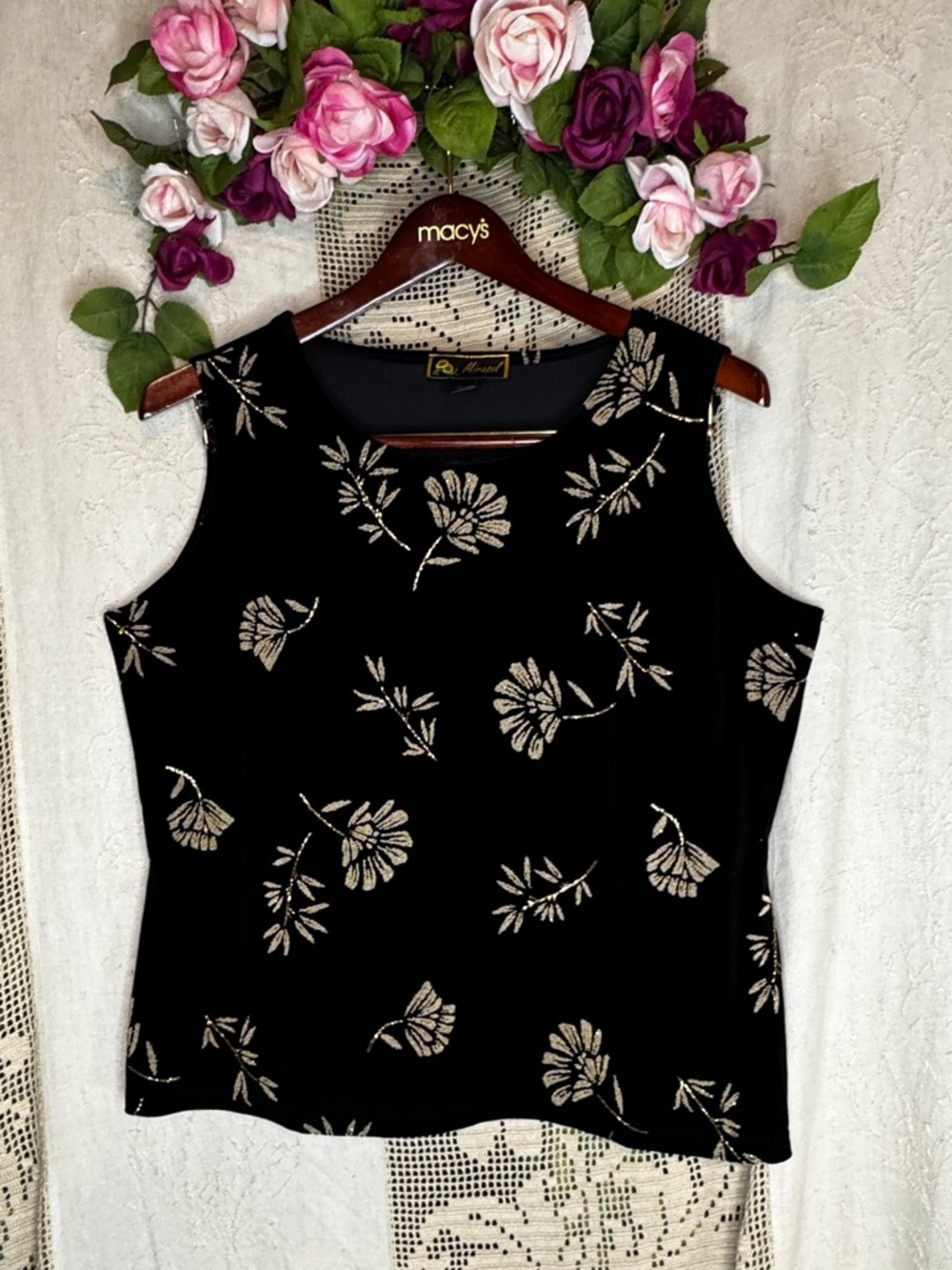 Mirasol Velvet Tank Beaded XL Black Y2K Glam Core Floral Glitter Rockabilly